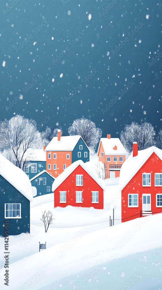 Fototapeta premium Winter Village Scene, Snow Covered Houses, Colorful, Modern, Festive