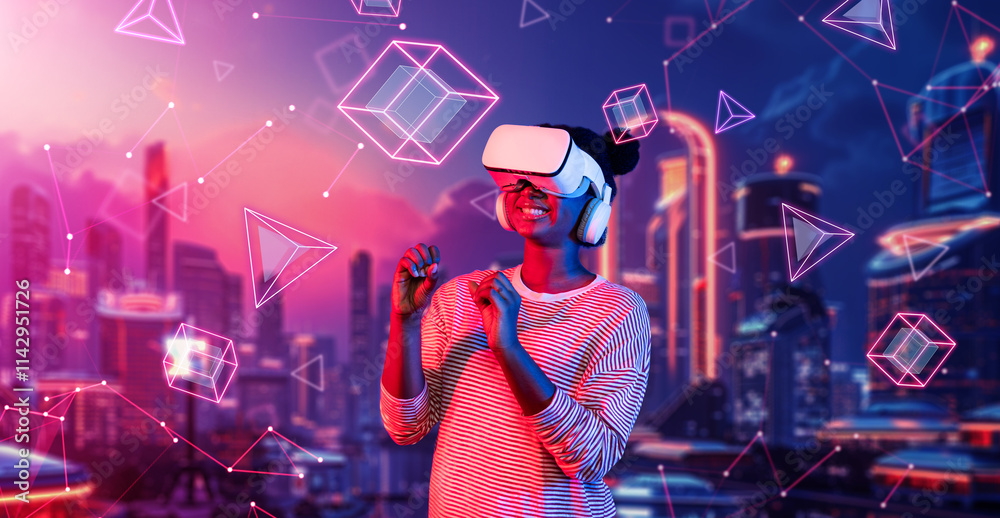 African girl wearing VR glasses and casual cloth while standing at futuristic city. Attractive gamer playing game while using augmented reality technology accessing in metaverse. AI concept Ingenuity. African girl wearing VR glasses and casual cloth while standing at futuristic city. Attractive gamer playing game while using augmented reality technology accessing in metaverse. AI concept Ingenuity.