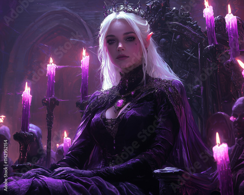lavender-hued drow queen exudes elegance on her dark throne amid mystical ambiance