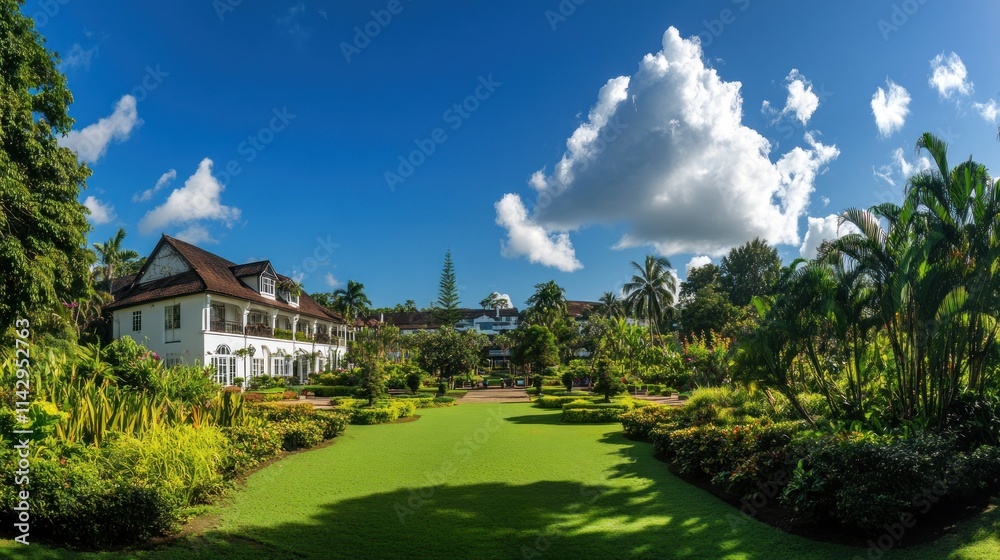 Panoramic view of a colonial-style building nestled in a lush tropical garden with vibrant flowers and a green lawn under a bright sunny sky. Panoramic view of a colonial-style building nestled in a lush tropical garden with vibrant flowers and a green lawn under a bright sunny sky.