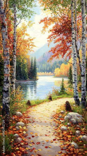 Oil Painting Path Leading Lake Surrounded Trees