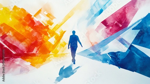 Abstract Watercolor Painting of a Man Walking on a Colorful Path