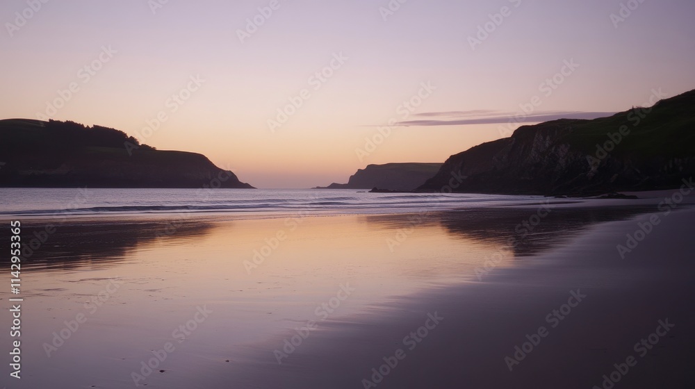 Serene Twilight by the Beach: Stunning Reflections of Cliffs and Sky Over Calm Waters at Dusk, Capturing the Beauty of Nature's Transition from Day to Night Serene Twilight by the Beach: Stunning Reflections of Cliffs and Sky Over Calm Waters at Dusk, Capturing the Beauty of Nature's Transition from Day to Night
