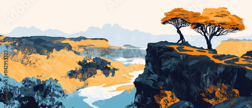 Canyon Landscape Painting, Orange and Blue, Nature Art, Scenic View, Digital Illustration