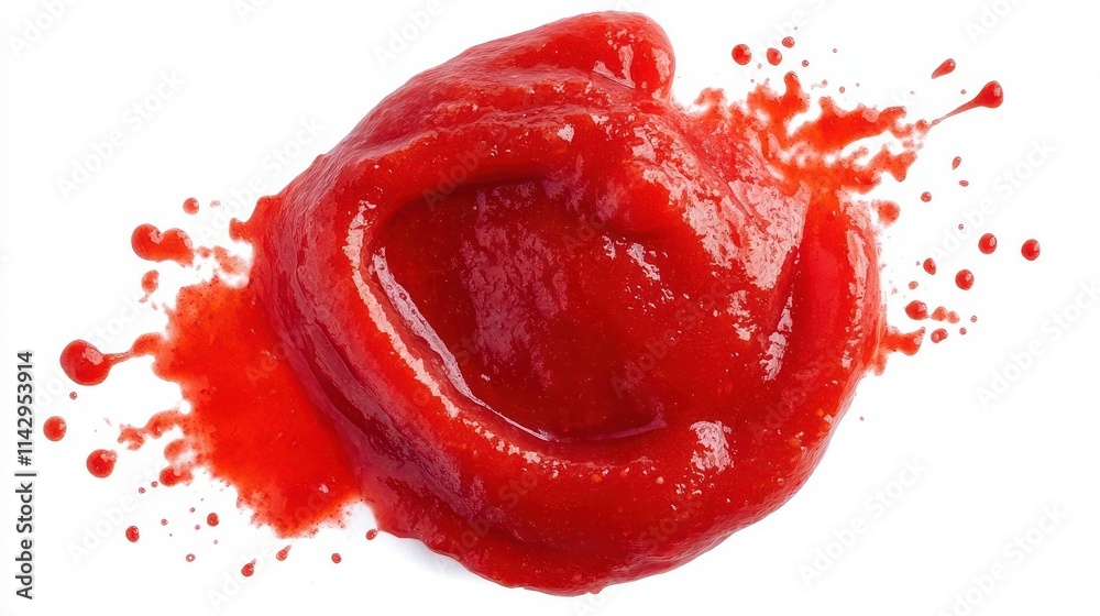 vivid red ketchup splashes isolated on a white background, showcasing the rich texture and color of tomato puree, perfect for culinary visuals