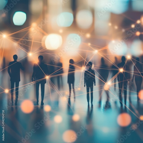 Silhouetted figures interconnected by glowing lines, representing networking and connection in a city at night.