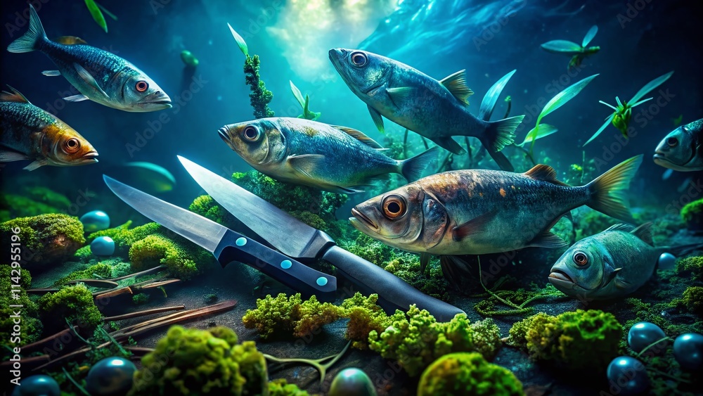 Naklejka premium Surreal Dead Fish Knives Photography: Eerie Underwater Still Life, Macabre Art, Giallo Aesthetic