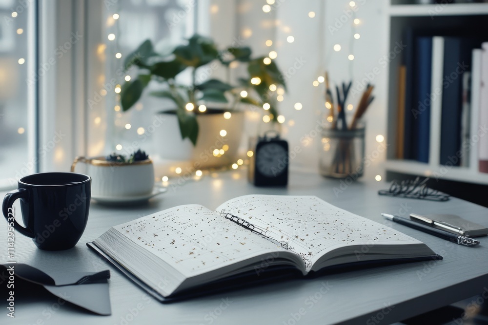 Fototapeta premium An open planner rests on a desk with twinkling lights in the background, suggesting a cozy space for creativity and thoughtful reflection.