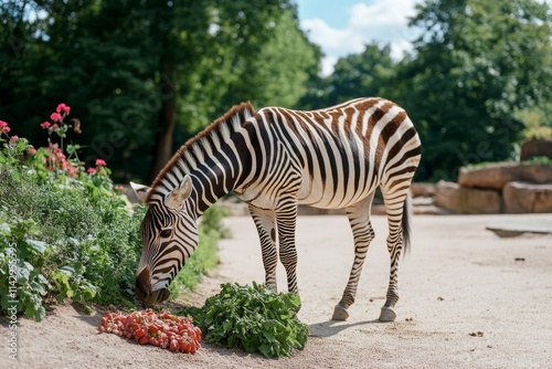 A zebra grazes on fresh greens in warm sunlight, surrounded by vibrant flowers, embodying a peaceful afternoon in a lush, open landscape. photo