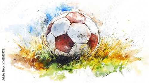 Wallpaper Mural Watercolor Soccer Ball: A vibrant depiction of a classic soccer ball resting on a lush field, ready for action. Perfect for sports enthusiasts and art lovers. Torontodigital.ca