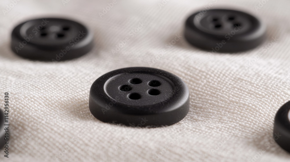 Black matte buttons arranged on textured white fabric creating minimalist contrast Black matte buttons arranged on textured white fabric creating minimalist contrast