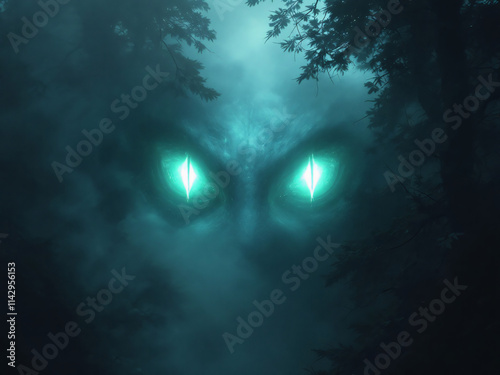 Glowing green eyes of a monster lurking in a dark, foggy forest.