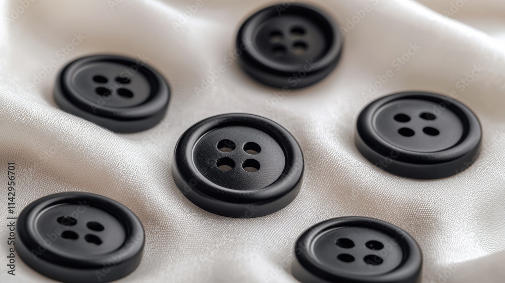 Macro shot of black matte buttons arranged on a white fabric background Macro shot of black matte buttons arranged on a white fabric background