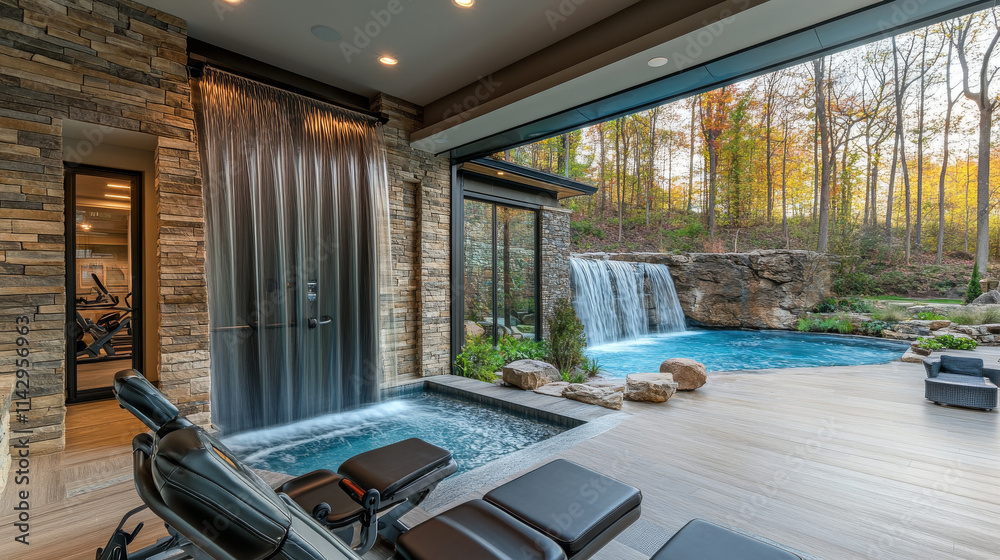 Fototapeta premium Luxury Home Gym with Waterfall and Pool