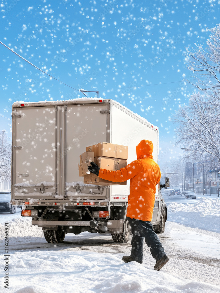 Naklejka premium Winter Delivery Driver Loading Packages on Snowy Street - A delivery driver in a bright orange jacket braves a snowy street to load packages onto a truck. The scene symbolizes hard work, dedication, 