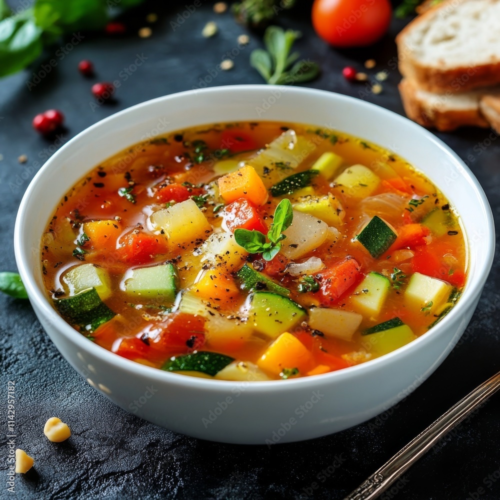Fresh soup in white bowl