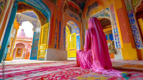 Vibrant Mosque, Pink Sari, Woman Praying, Eid al-Fitr, Colorful Architecture photo