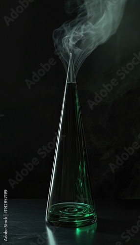 A tall glass torch with an emerald base and a black background, a modern product design style with a white light shining on it from the top left corner of the dark room. photo