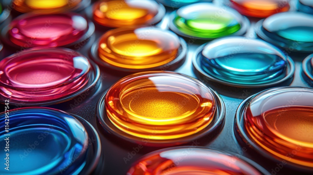Vibrant macro close-up of glossy buttons reflecting light in vivid colors Vibrant macro close-up of glossy buttons reflecting light in vivid colors