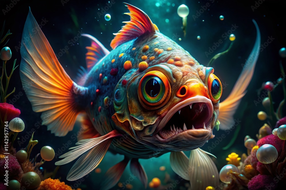 Surreal Goldfish Teeth Photography:  Macabre Aquatic Dreamscape, Fantasy Fish Jaws, Bizarre Underwater Closeup