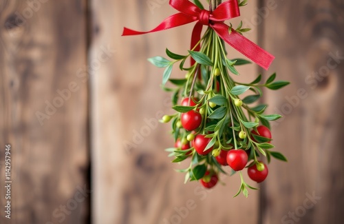 Festive mistletoe bunch hangs from wooden background. Red ribbon tied around bunch of vibrant green leaves, bright red berries. Classic Christmas decoration displays traditional holiday symbol.
