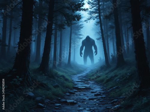 Misty forest with legendary Bigfoot photo