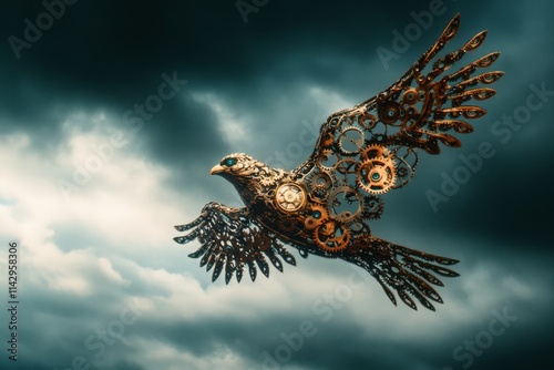 An intricate mechanical bird soars through stormy skies, embodying the fusion of nature and technology with striking artistic flair. photo