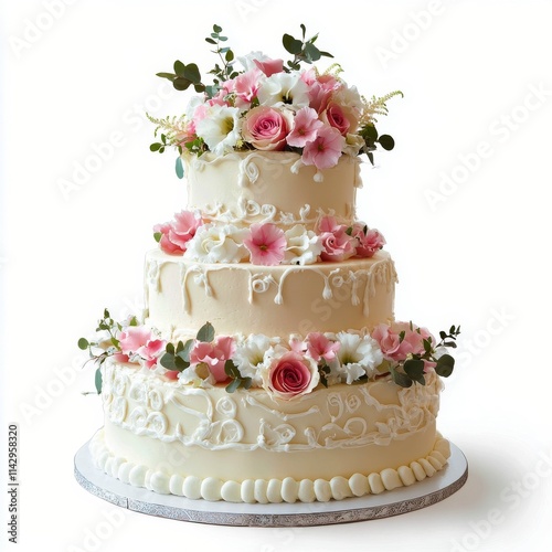 Elegant three tier cake adorned with fresh flowers for a wedding celebration