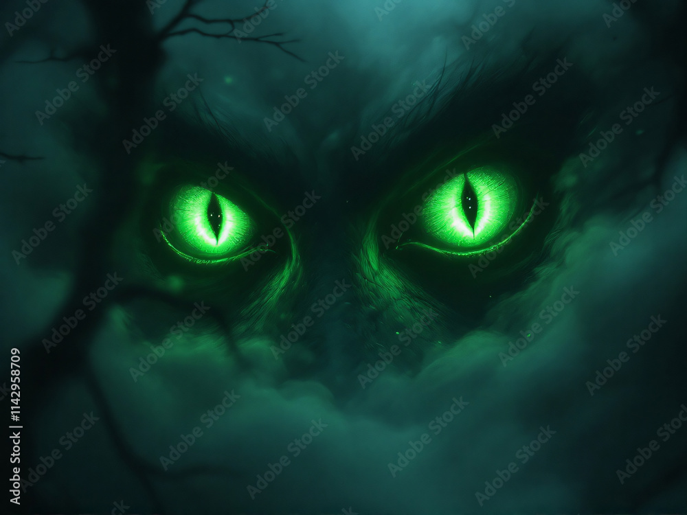 Glowing green eyes of a monster lurking in a dark, foggy forest. Glowing green eyes of a monster lurking in a dark, foggy forest.