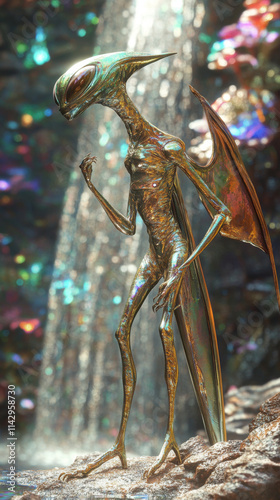 Alien Mantis Creature Waterfall Iridescent Flowers Fantasy
