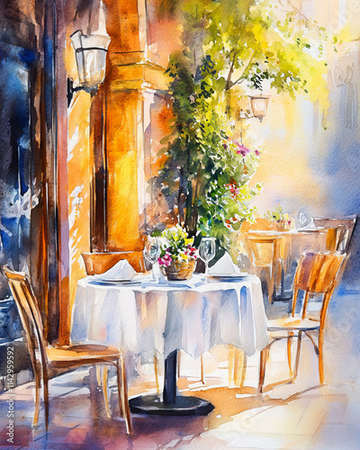Romantic Watercolor Restaurant Scene: Table Setting, Pastel Colors, Dreamy Atmosphere