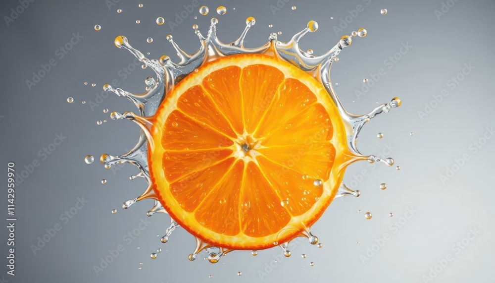 Close-up view of orange slice splashing with water. Vibrant orange slice in mid-air. Water droplets, splashes surround citrus fruit. Fresh, healthy fruit. Juice splashing around. Water creates Close-up view of orange slice splashing with water. Vibrant orange slice in mid-air. Water droplets, splashes surround citrus fruit. Fresh, healthy fruit. Juice splashing around. Water creates
