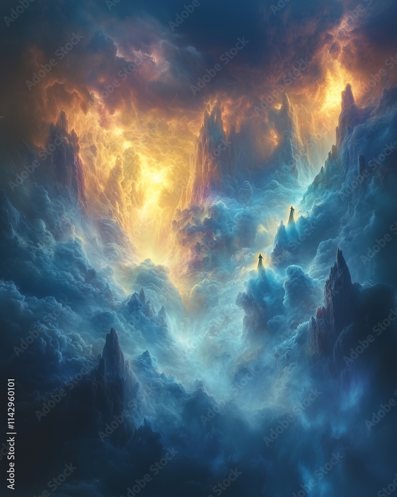 Naklejka premium ethereal cloud mountains under a blazing sky in a surreal celestial realm