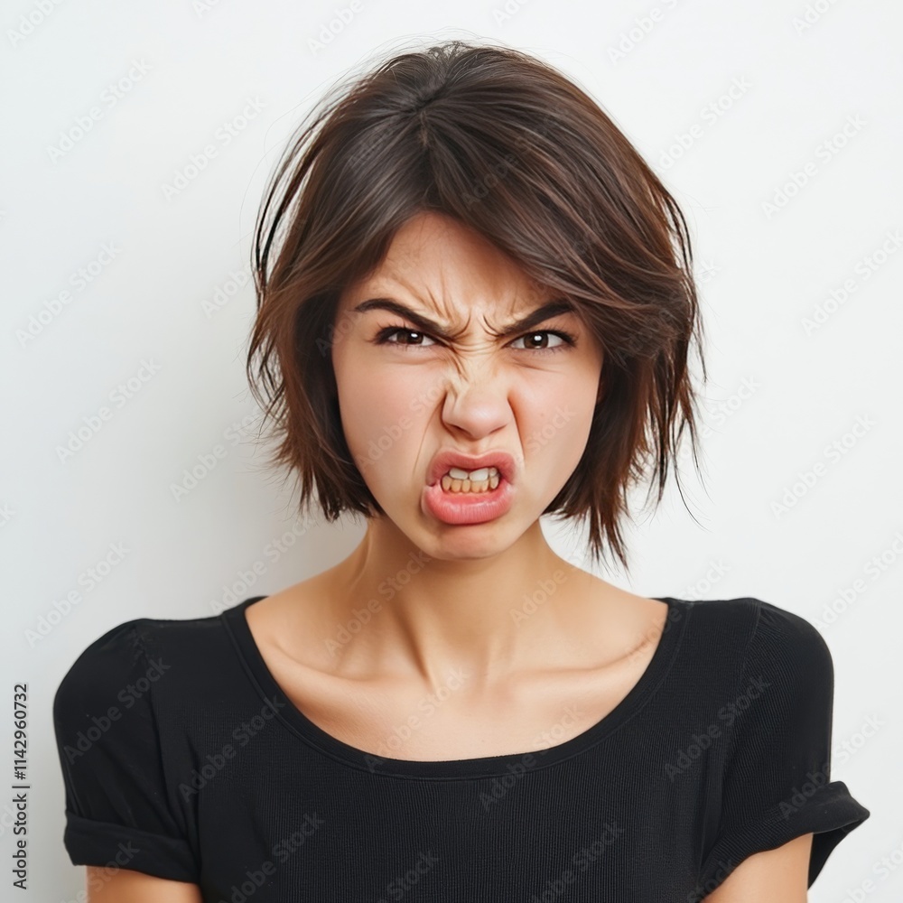 Annoyed model scowls, displaying unhappiness. Annoyed model scowls, displaying unhappiness.