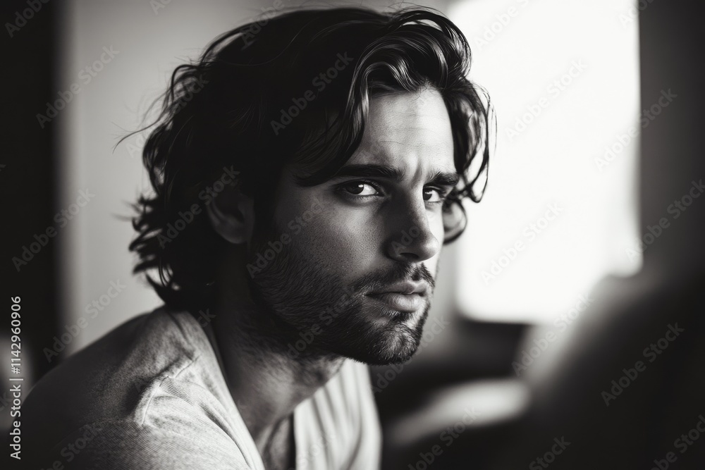 Fototapeta premium A black and white portrait of a man with intense expression, captured in soft focus, suggesting depth and emotion, eliciting a timeless elegance.