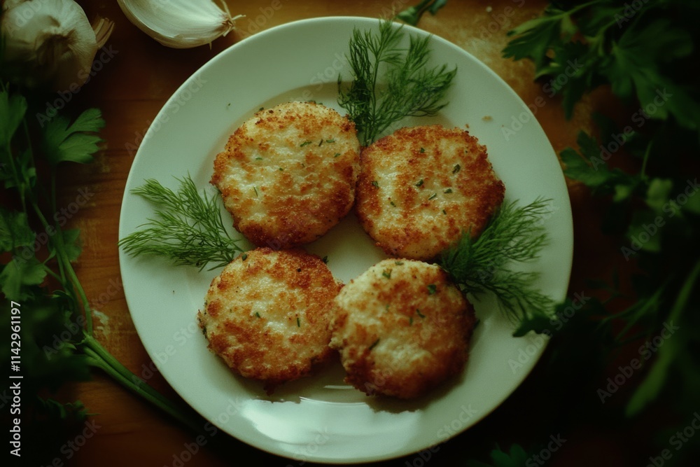 A plate of golden crispy fish cakes garnished with fresh dill and parsley sits invitingly amidst fresh ingredients. A plate of golden crispy fish cakes garnished with fresh dill and parsley sits invitingly amidst fresh ingredients.