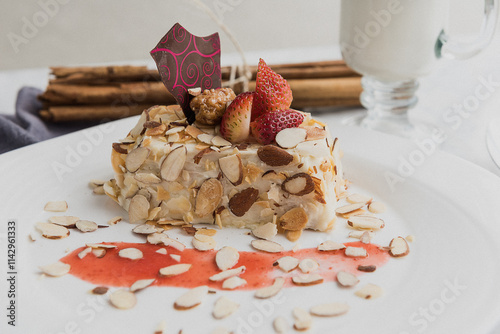 cheesecake with sliced ​​almonds and strawberries. close up