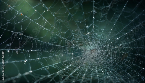 Abstract spider web covered dew drops on a dark background, close-up