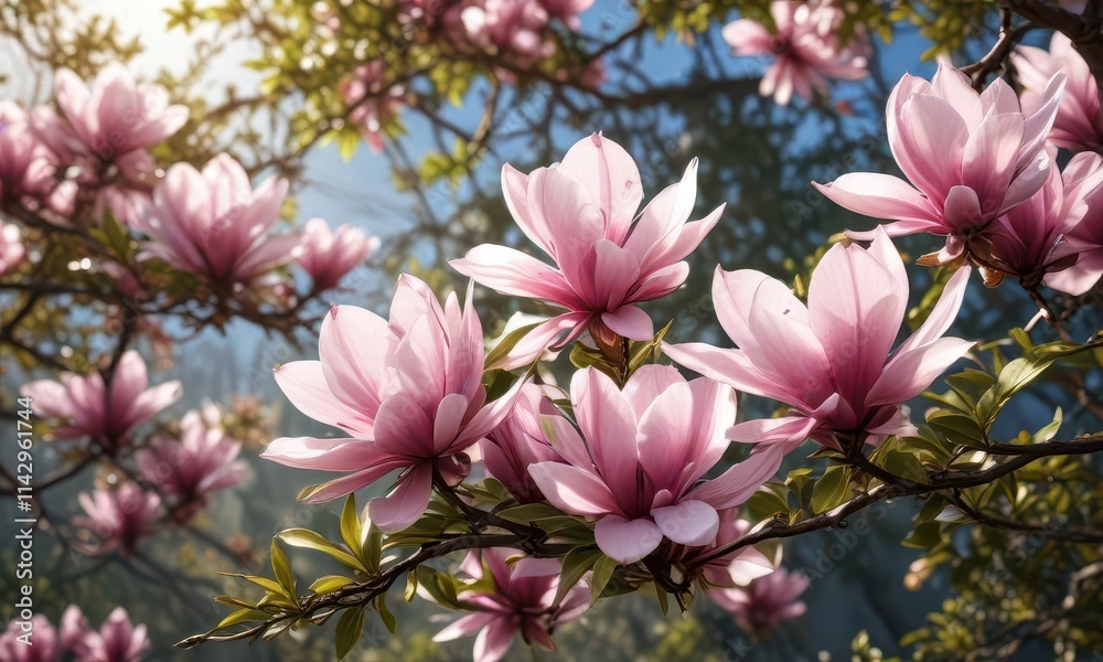 Fully opened magnolia flowers, vibrant petals, sunlight dappled leaves , magnolia, plant, petals Fully opened magnolia flowers, vibrant petals, sunlight dappled leaves , magnolia, plant, petals