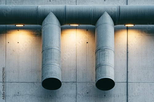 Twin industrial pipes lit by ambient glow emerge from concrete, capturing an essence of urban architecture with their structured simplicity. photo