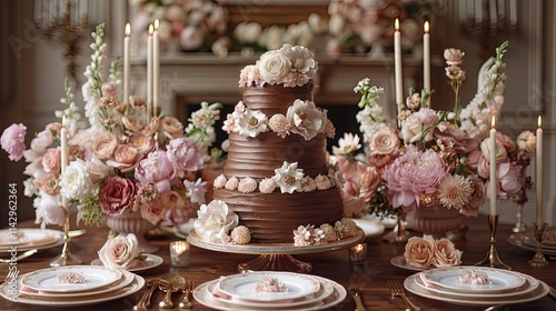 Wallpaper Mural A beautifully arranged dessert table featuring a chocolate cake and floral decorations. Torontodigital.ca