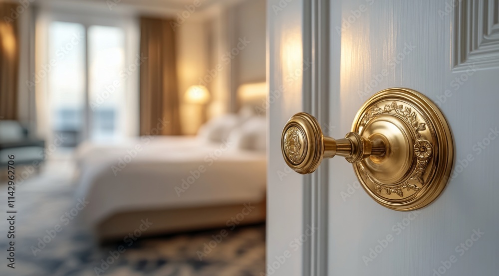 Obraz premium Door handle in focus leading to an inviting hotel room with soft lighting
