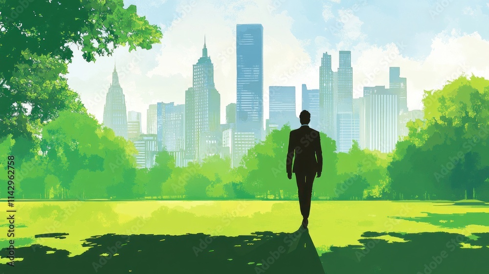 Businessman walking in park, city skyline in background. Businessman walking in park, city skyline in background.