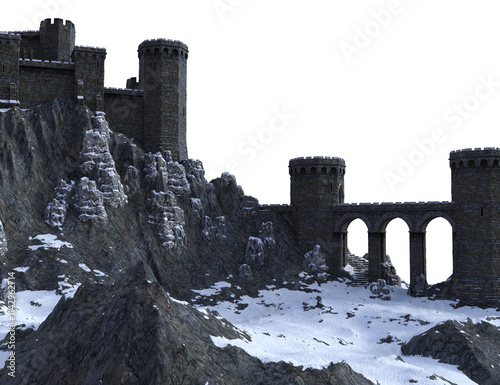 3D rendered winter fantasy medieval castle ruins isolated on transparent background