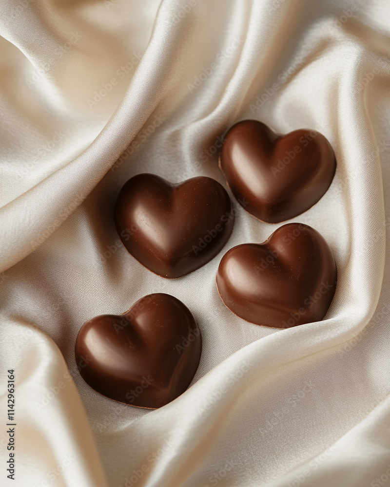 Fototapeta premium Heart Shaped Chocolate Candies on Silk Fabric