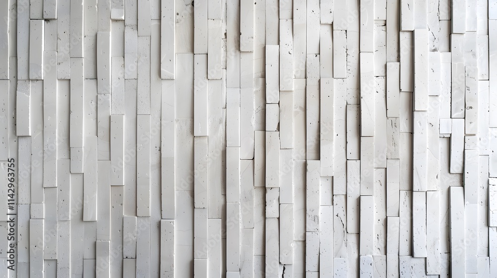 Fototapeta premium Textured white vertical wall made of uneven rectangular panels. Minimalistic architectural and interior design concept for print and inspiration.