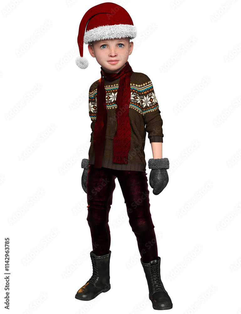 3D rendered cute boy dressed in Christmas clothes with a Santa's hat and a Christmas sweater isolated on transparent background 3D rendered cute boy dressed in Christmas clothes with a Santa's hat and a Christmas sweater isolated on transparent background