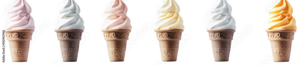 six ice cream cones with different flavors in a row on a transparent background six ice cream cones with different flavors in a row on a transparent background