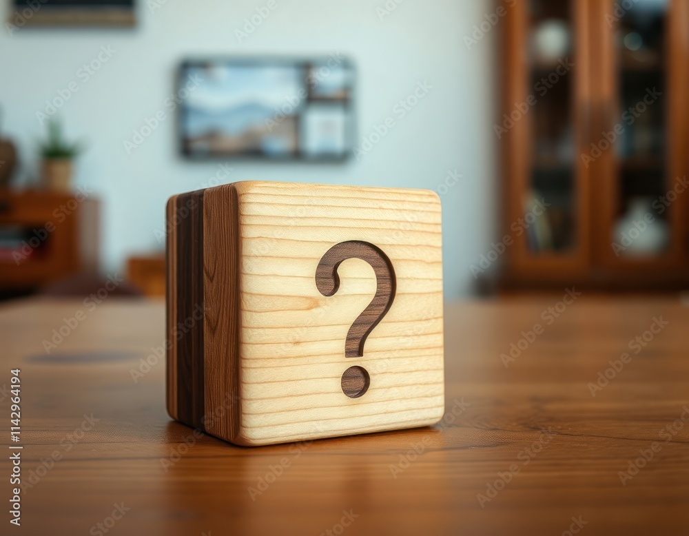 Wooden block with question mark symbol. Represents uncertainty. Mystery waiting to solved. Block sits on wooden table. Hints at quest for information open-ended challenge. Great for thinking, Wooden block with question mark symbol. Represents uncertainty. Mystery waiting to solved. Block sits on wooden table. Hints at quest for information open-ended challenge. Great for thinking,