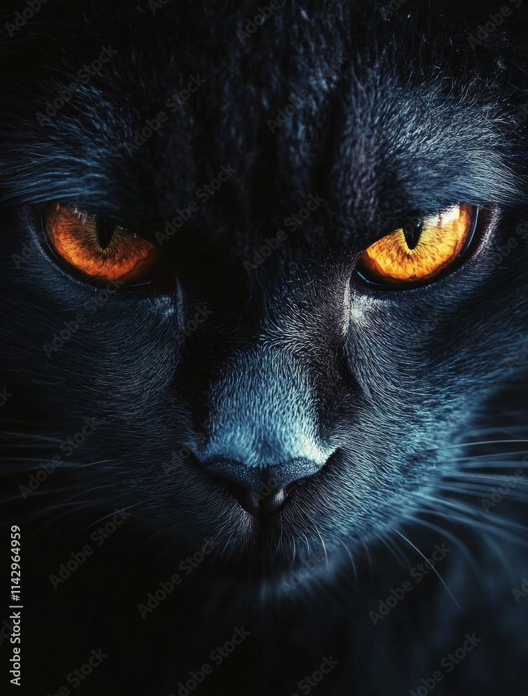 Mysterious black cat with striking orange eyes gazes intensely into the darkness Mysterious black cat with striking orange eyes gazes intensely into the darkness
